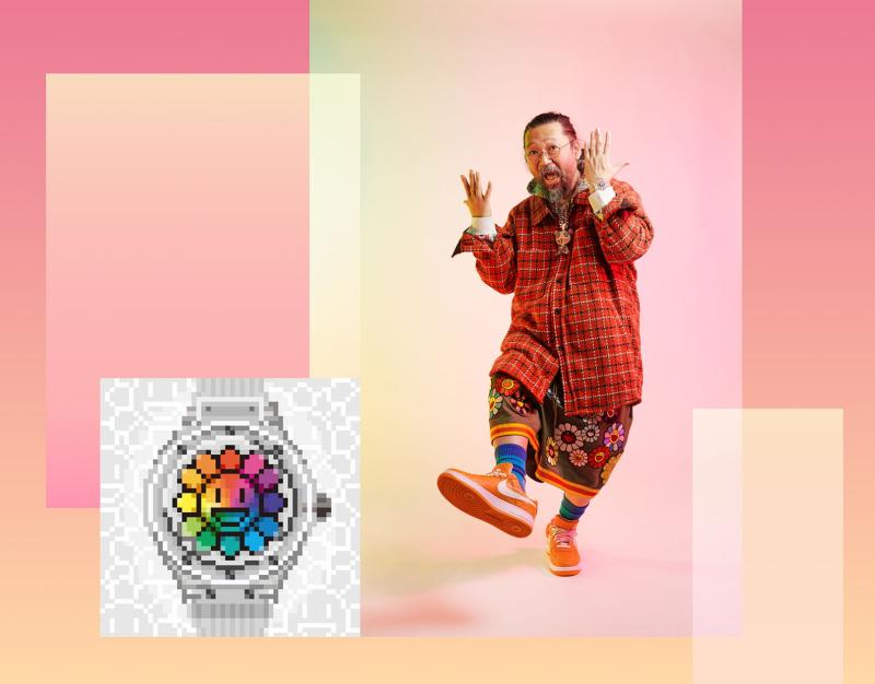 الفنان الياباني تاكاشي موراكامي ورمز غير قابل للاستبدال NFT يحمل شكل الزهرة الباسمة في ساعة Classic Fusion Takashi Murakami Sapphire Rainbow. 