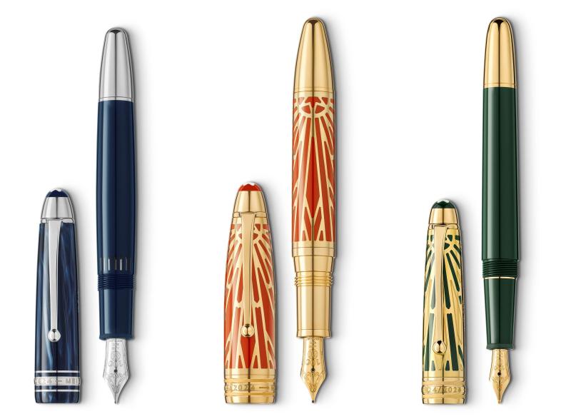 من اليمين إلى اليسار: تشمل المجموعة الاحتفالية Meisterstück The Origin Collection قلم Doué Classique، وقلم Solitaire LeGrand، وقلم Precious Resin LeGrand.  