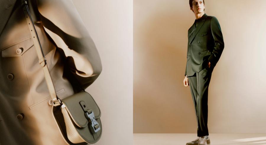 سترة مزدوجة الصدر وسروال حيكا من الصوف البكر، وقميص تي – شيرت من القطن، وحذاء رياضي من طراز B27 مصنوع من جلد العجول وتزينه نقوش الجاكارد من نمط Dior Oblique. 
